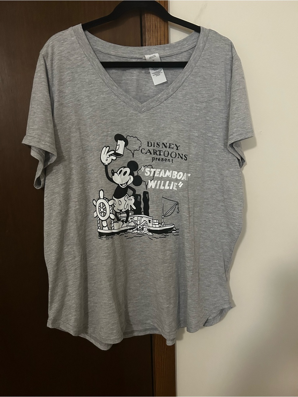 Disney womans Gray Steamboat Willie V-Neck Tee